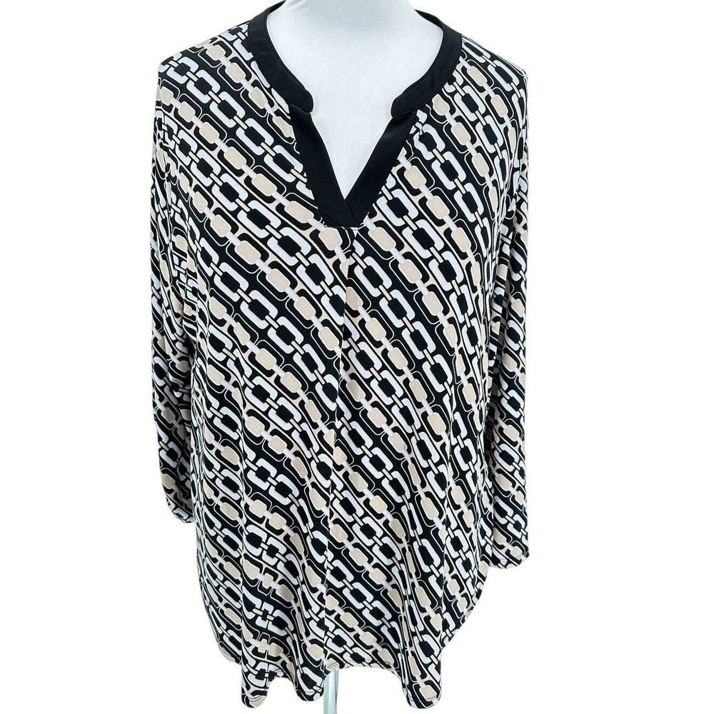 C Est. 1946 SZ XL Taupe Black White Chain Print Flattering Knit‎ Tunic Top